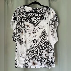 WHBM Black & White Floral Flutter Sleeve Smocked Waist Blouse